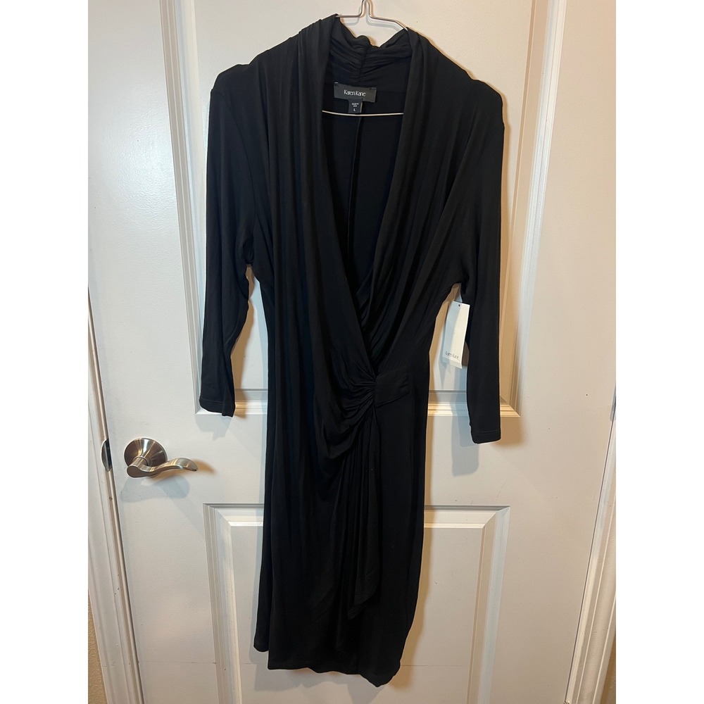 Karen Kane Womens Faux Wrap Dress Gathered Waist Black Size L NWT